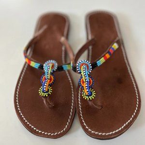 Anthropologie Handcrafted, Leather Flip Flop Sandals, African Beading, Size 39/8